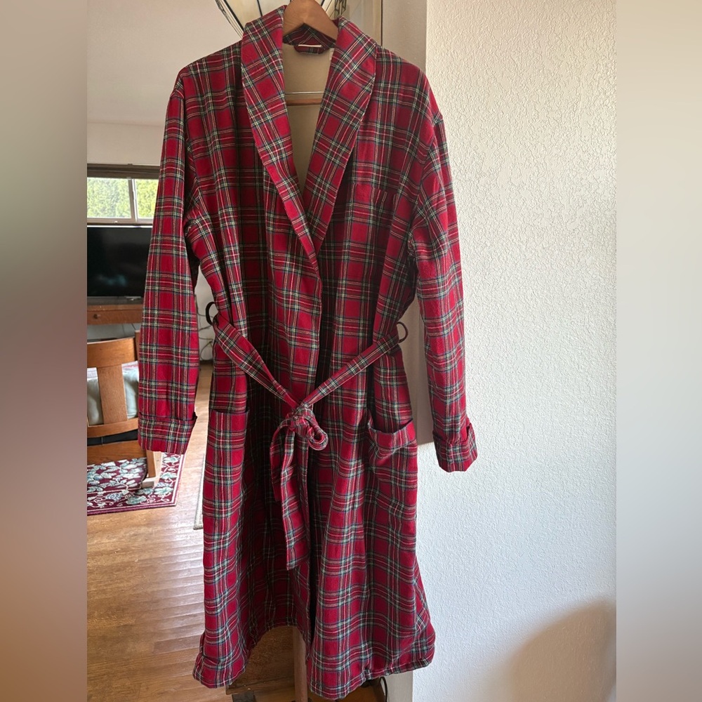Vintage 80s-90s Lined LLBean Mens Plaid Belted Robe Size Large